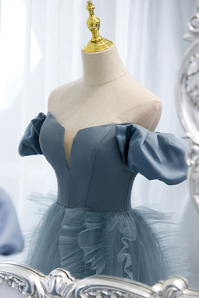 Blue Tulle Off Shoulder Long Prom Dresses, V Neck Blue Formal Dresses, Blue Evening Dresses