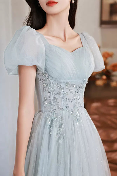 Blue Tulle Short Sleeves Beaded Long Prom Dresses, Beaded Blue Formal Graduation Evening Dresses WT1085