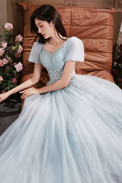 Blue Tulle Short Sleeves Beaded Long Prom Dresses, Beaded Blue Formal Graduation Evening Dresses WT1085