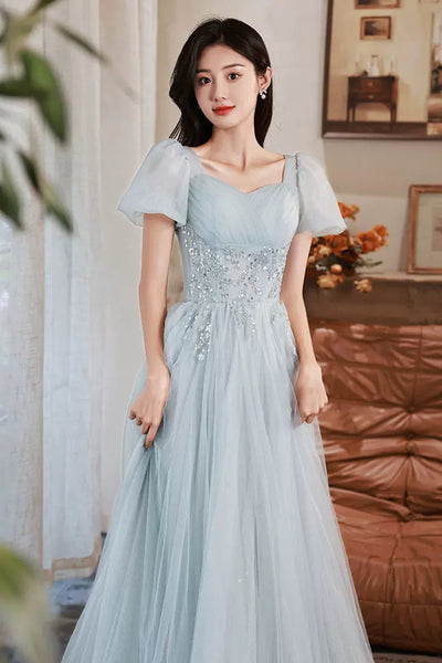 Blue Tulle Short Sleeves Beaded Long Prom Dresses, Beaded Blue Formal Graduation Evening Dresses WT1085