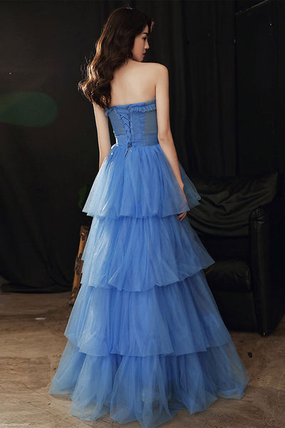 Blue Tulle Strapless Layered Long Prom Dresses, Strapless Blue Formal Evening Dresses, Blue Ball Gown WT1052