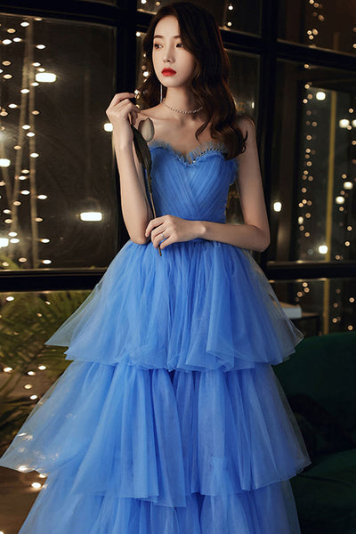 Blue Tulle Strapless Layered Long Prom Dresses, Strapless Blue Formal Evening Dresses, Blue Ball Gown WT1052