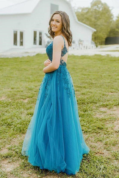 Blue Tulle V Neck Lace Long Prom Dresses, V Neck Blue Formal Dresses, Blue Lace Evening Dresses