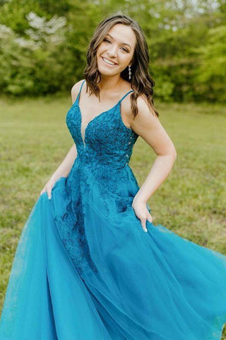 Blue Tulle V Neck Lace Long Prom Dresses, V Neck Blue Formal Dresses, Blue Lace Evening Dresses
