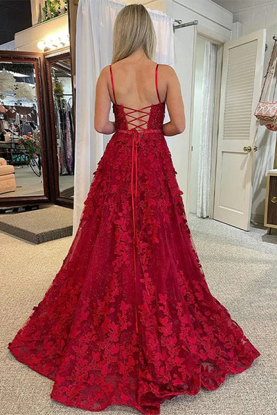 Burgundy Lace Open Back Beaded Long Prom Dresses with High Slit, Burgundy Lace Formal Evening Dresses WT1128