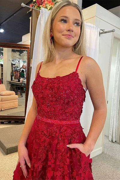 Burgundy Lace Open Back Beaded Long Prom Dresses with High Slit, Burgundy Lace Formal Evening Dresses WT1128