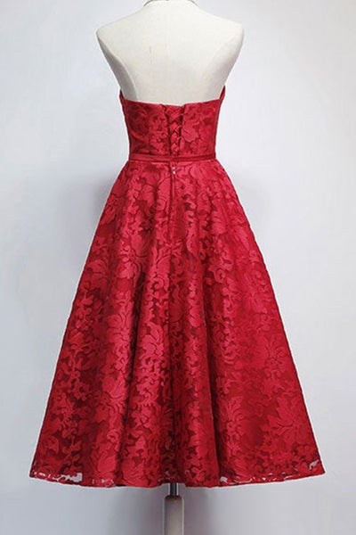 Burgundy Lace Sweetheart Neck Short Prom Homecoming Dresses, Strapless Burgundy Formal Dresses, Burgundy Lace Evening Dresses