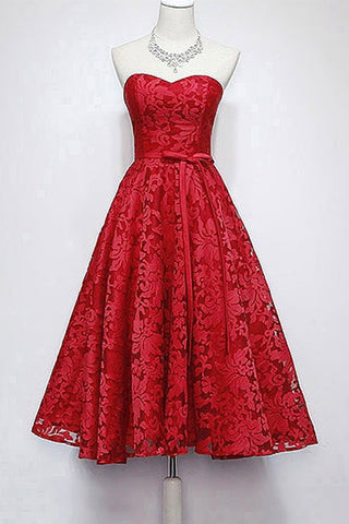 Burgundy Lace Sweetheart Neck Short Prom Homecoming Dresses, Strapless Burgundy Formal Dresses, Burgundy Lace Evening Dresses