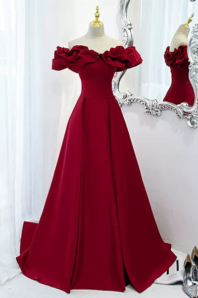 Burgundy Off the Shoulder Long Prom Dresses, Off Shoulder Formal Dresses, Burgundy Evening Dresses Long A1220