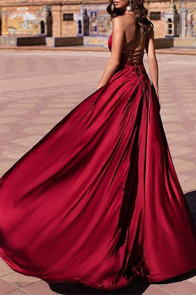 Burgundy Satin A Line V Neck Long Prom Dresses with Double Slit, V Neck Burgundy Formal Graduation Evening Dresses WT1091