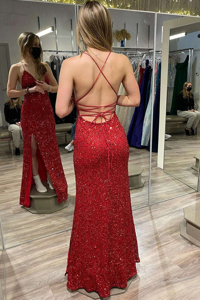 Burgundy Sequins V Neck Backless Mermaid Long Prom Dresses with High Slit, Mermaid Burgundy Formal Graduation Evening Dresses WT1111