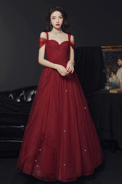 Burgundy Tulle Long Prom Dresses Off the Shoulder Burgundy Tulle Formal Graduation Evening Dresses