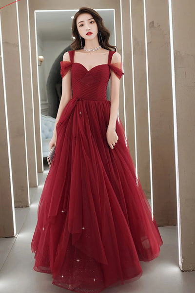 Burgundy Tulle Long Prom Dresses Off the Shoulder Burgundy Tulle Formal Graduation Evening Dresses