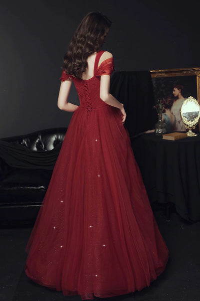 Burgundy Tulle Long Prom Dresses Off the Shoulder Burgundy Tulle Formal Graduation Evening Dresses