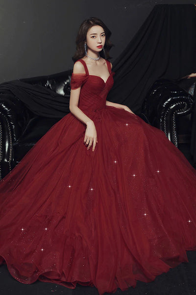 Burgundy Tulle Long Prom Dresses Off the Shoulder Burgundy Tulle Formal Graduation Evening Dresses