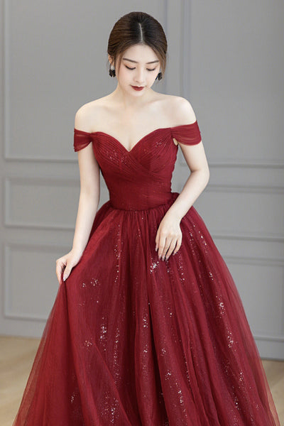 Burgundy Tulle Off Shoulder Long Prom Dresses, Off the Shoulder Burgundy Formal Dresses, Maroon Evening Dresses WT1126