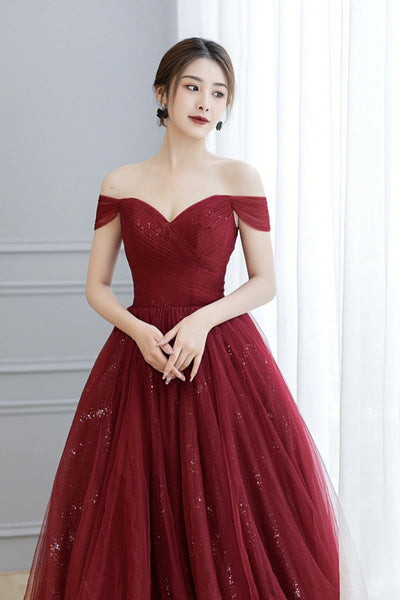 Burgundy Tulle Off Shoulder Long Prom Dresses, Off the Shoulder Burgundy Formal Dresses, Maroon Evening Dresses WT1126