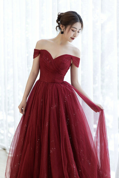 Burgundy Tulle Off Shoulder Long Prom Dresses, Off the Shoulder Burgundy Formal Dresses, Maroon Evening Dresses WT1126