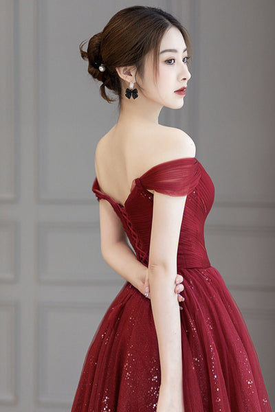 Burgundy Tulle Off Shoulder Long Prom Dresses, Off the Shoulder Burgundy Formal Dresses, Maroon Evening Dresses WT1126
