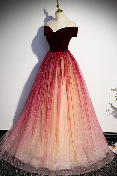 Burgundy Tulle Off Shoulder Long Prom Dresses, Off the Shoulder Burgundy Formal Evening Dresses WT1054