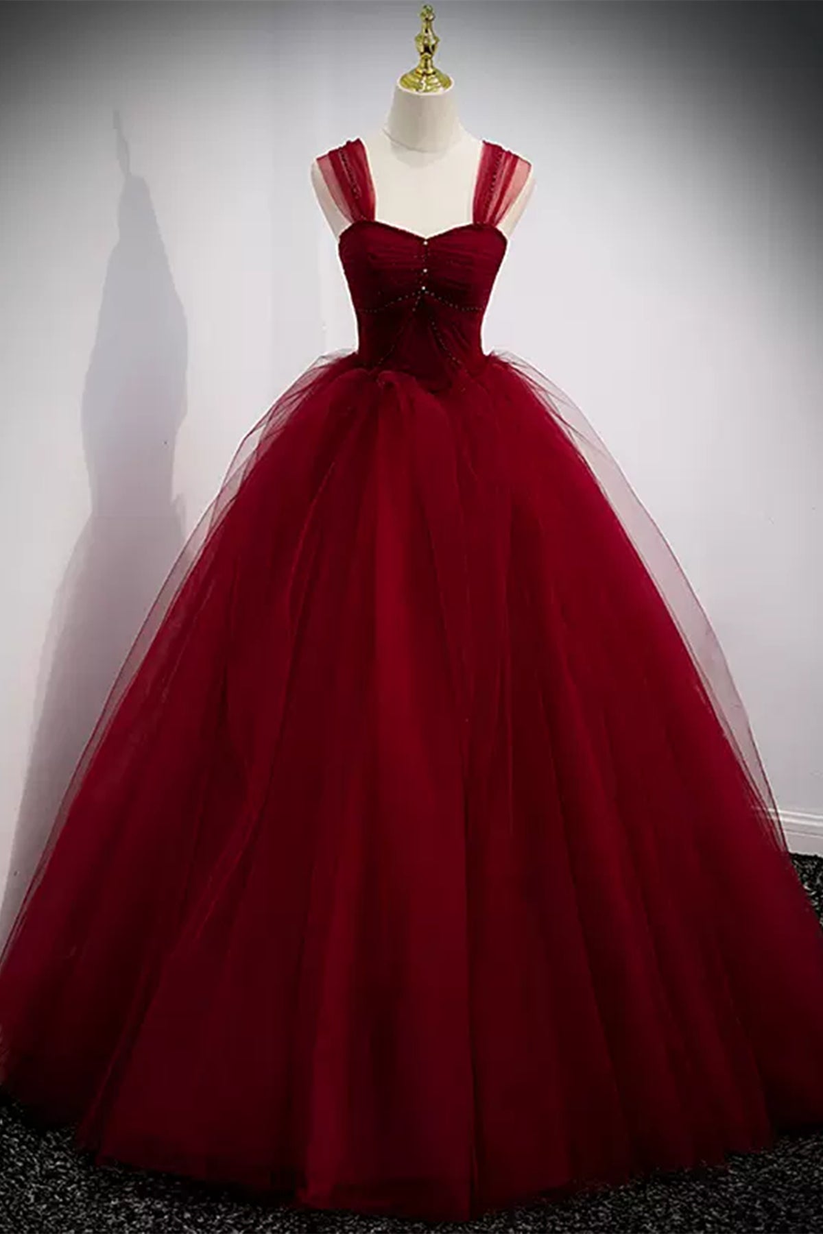 Burgundy Tulle Off the Shoulder Beaded Long Prom Dresses, Wine Red Formal Evening Dresses WT1215