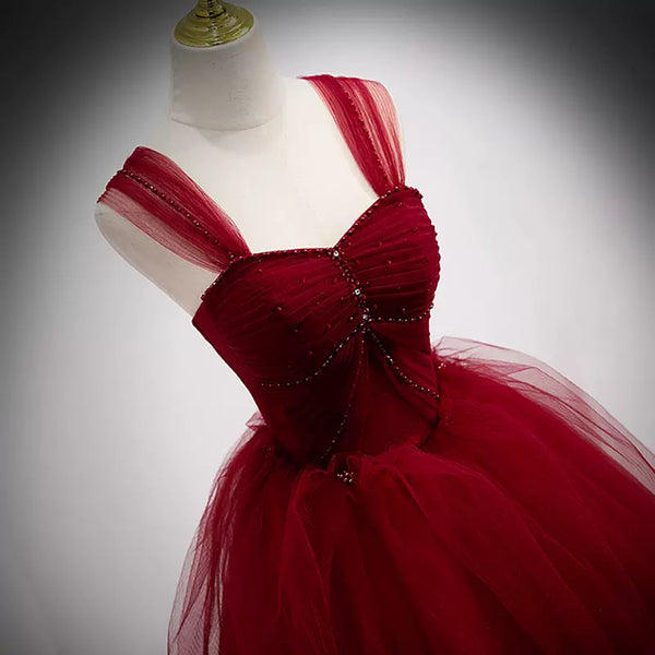 Burgundy Tulle Off the Shoulder Beaded Long Prom Dresses, Wine Red Formal Evening Dresses WT1215