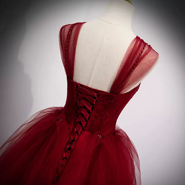 Burgundy Tulle Off the Shoulder Beaded Long Prom Dresses, Wine Red Formal Evening Dresses WT1215