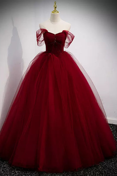 Burgundy Tulle Off the Shoulder Beaded Long Prom Dresses, Wine Red Formal Evening Dresses WT1215