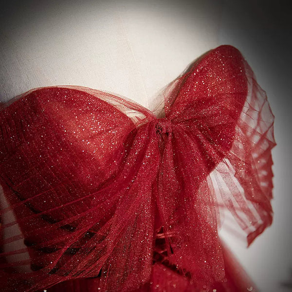 Burgundy Tulle Shiny Off the Shoulder Strapless Long Prom Dresses, Wine Red Formal Graduation Evening Dresses WT1204