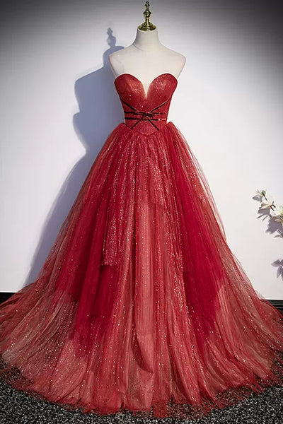Burgundy Tulle Shiny Off the Shoulder Strapless Long Prom Dresses, Wine Red Formal Graduation Evening Dresses WT1204