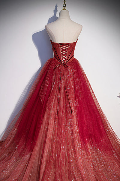 Burgundy Tulle Shiny Off the Shoulder Strapless Long Prom Dresses, Wine Red Formal Graduation Evening Dresses WT1204