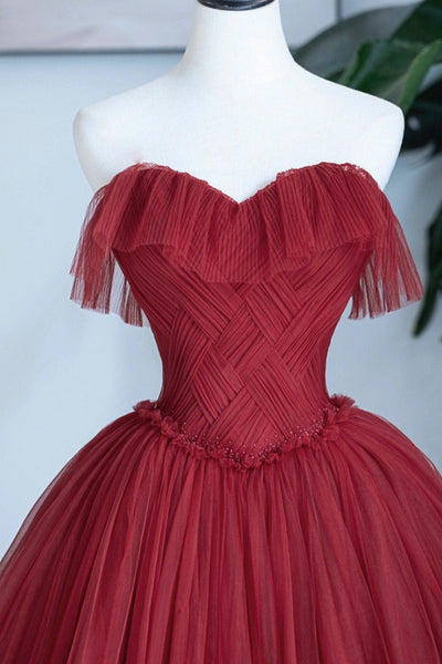Burgundy Tulle Strapless Beaded Long Prom Dresses, Long Burgundy Formal Evening Dresses, Ball Gown WT1177