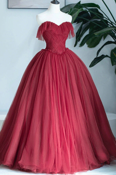 Burgundy Tulle Strapless Beaded Long Prom Dresses, Long Burgundy Formal Evening Dresses, Ball Gown WT1177