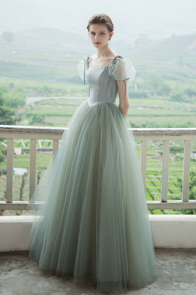 Cap Sleeves Green Tulle Long Prom Dresses, Long Green Tulle Formal Evening Dresses