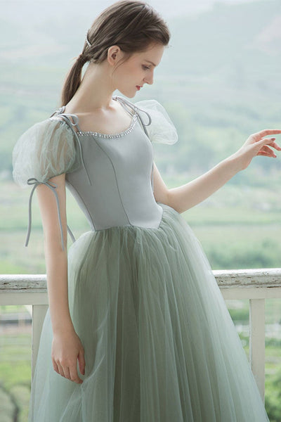 Cap Sleeves Green Tulle Long Prom Dresses, Long Green Tulle Formal Evening Dresses