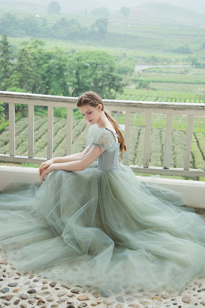 Cap Sleeves Green Tulle Long Prom Dresses, Long Green Tulle Formal Evening Dresses