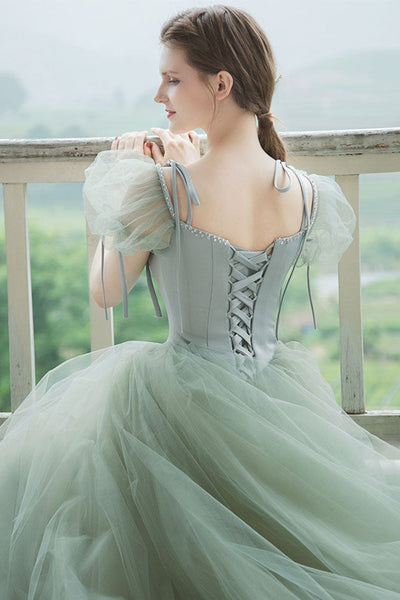 Cap Sleeves Green Tulle Long Prom Dresses, Long Green Tulle Formal Evening Dresses