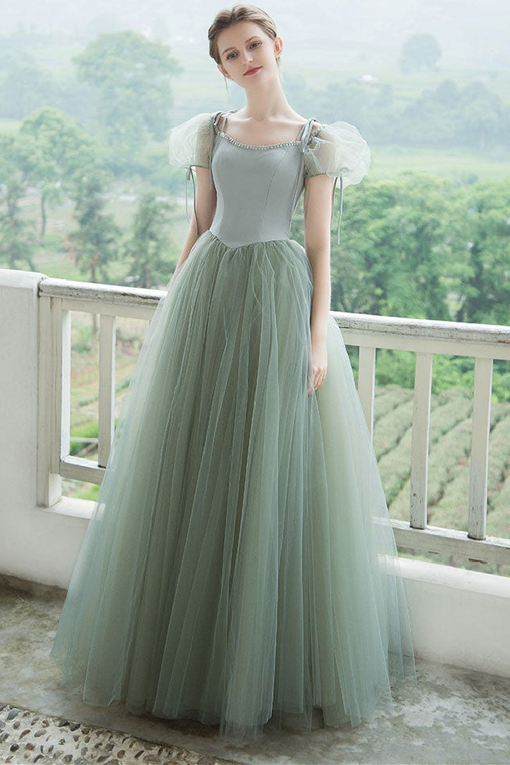 Cap Sleeves Green Tulle Long Prom Dresses, Long Green Tulle Formal Evening Dresses