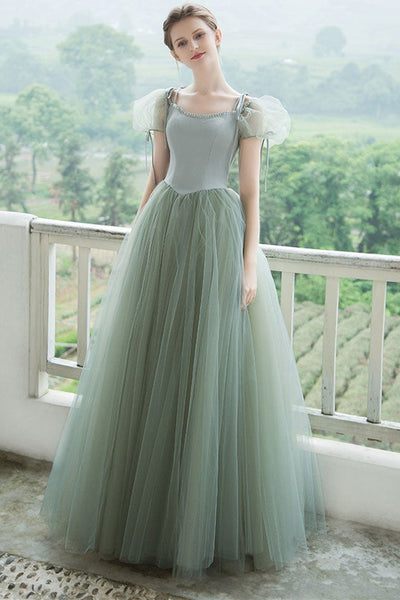Cap Sleeves Green Tulle Long Prom Dresses, Long Green Tulle Formal Evening Dresses
