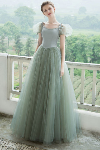 Cap Sleeves Green Tulle Long Prom Dresses, Long Green Tulle Formal Evening Dresses