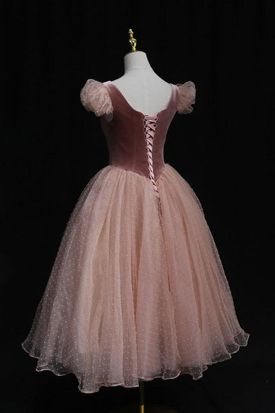 Cap Sleeves Pink Dot Short Prom Dresses, Short Pink Homecoming Dresses, Pink Formal Evening Dresses