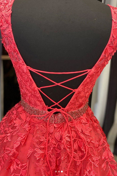 Cap Sleeves Red Tulle Lace Long Prom Dresses, Red Lace Formal Evening Dresses, Red Ball Gown