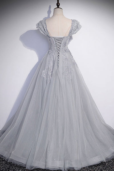 Cap Sleeves Shiny Gray Tulle Lace Long Prom Dresses, Gray Lace Formal Dresses, Gray Evening Dresses
