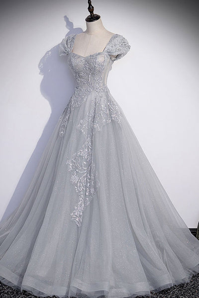 Cap Sleeves Shiny Gray Tulle Lace Long Prom Dresses, Gray Lace Formal Dresses, Gray Evening Dresses