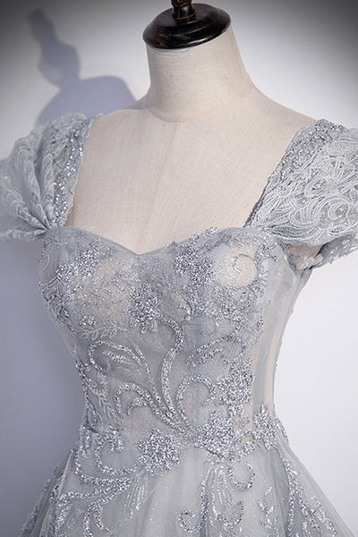 Cap Sleeves Shiny Gray Tulle Lace Long Prom Dresses, Gray Lace Formal Dresses, Gray Evening Dresses