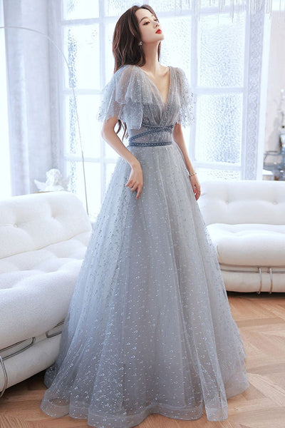 Cap Sleeves V Neck Gray Tulle Long Prom Dresses, Shiny V Neck Gray Formal Dresses, Grey Evening Dresses