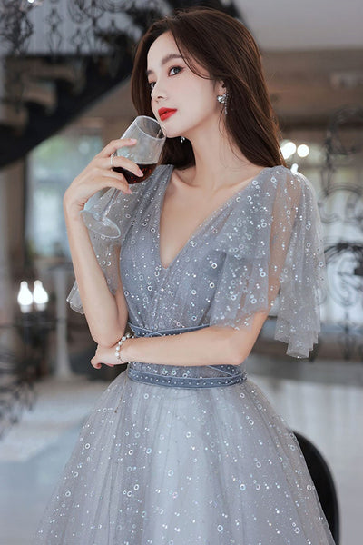 Cap Sleeves V Neck Gray Tulle Long Prom Dresses, Shiny V Neck Gray Formal Dresses, Grey Evening Dresses