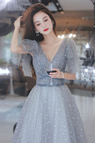 Cap Sleeves V Neck Gray Tulle Long Prom Dresses, Shiny V Neck Gray Formal Dresses, Grey Evening Dresses