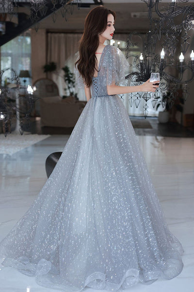 Cap Sleeves V Neck Gray Tulle Long Prom Dresses, Shiny V Neck Gray Formal Dresses, Grey Evening Dresses