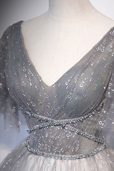 Cap Sleeves V Neck Gray Tulle Long Prom Dresses with Sequins, V Neck Gray Formal Dresses, Grey Evening Dresses